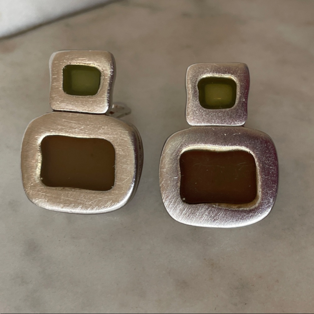 GIVENCHY Silver Clip-On Chunky Earrings with Brown Green Resin Accents Vintage